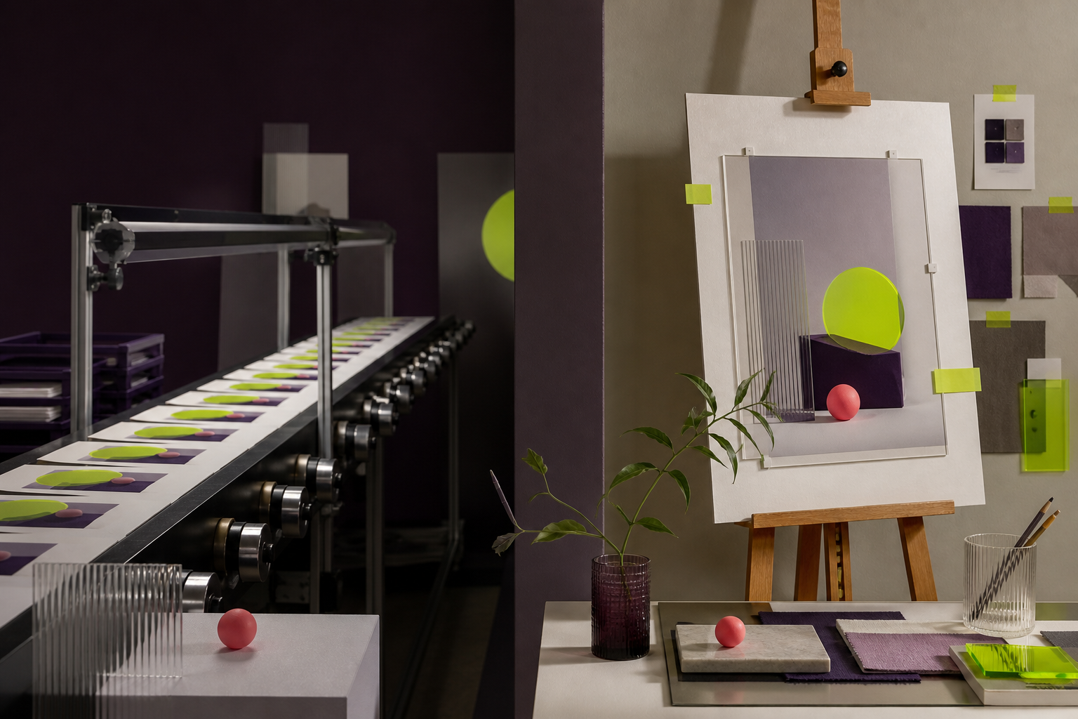 Editorial split between an orderly image batch and a hands-on art direction desk