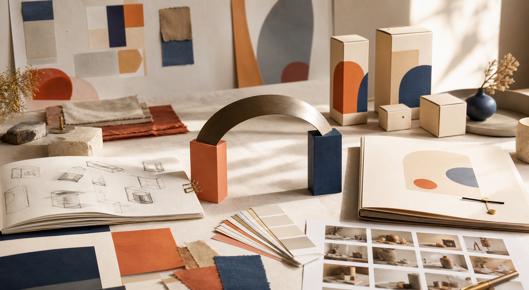 Creative studio materials connected by an abstract arch between brand design and rights management