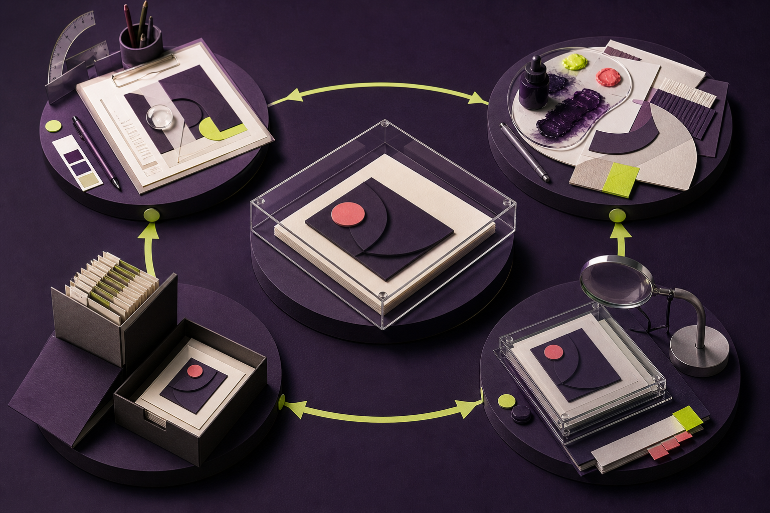 Editorial production map connecting brief, image enhancement, review and delivery stages