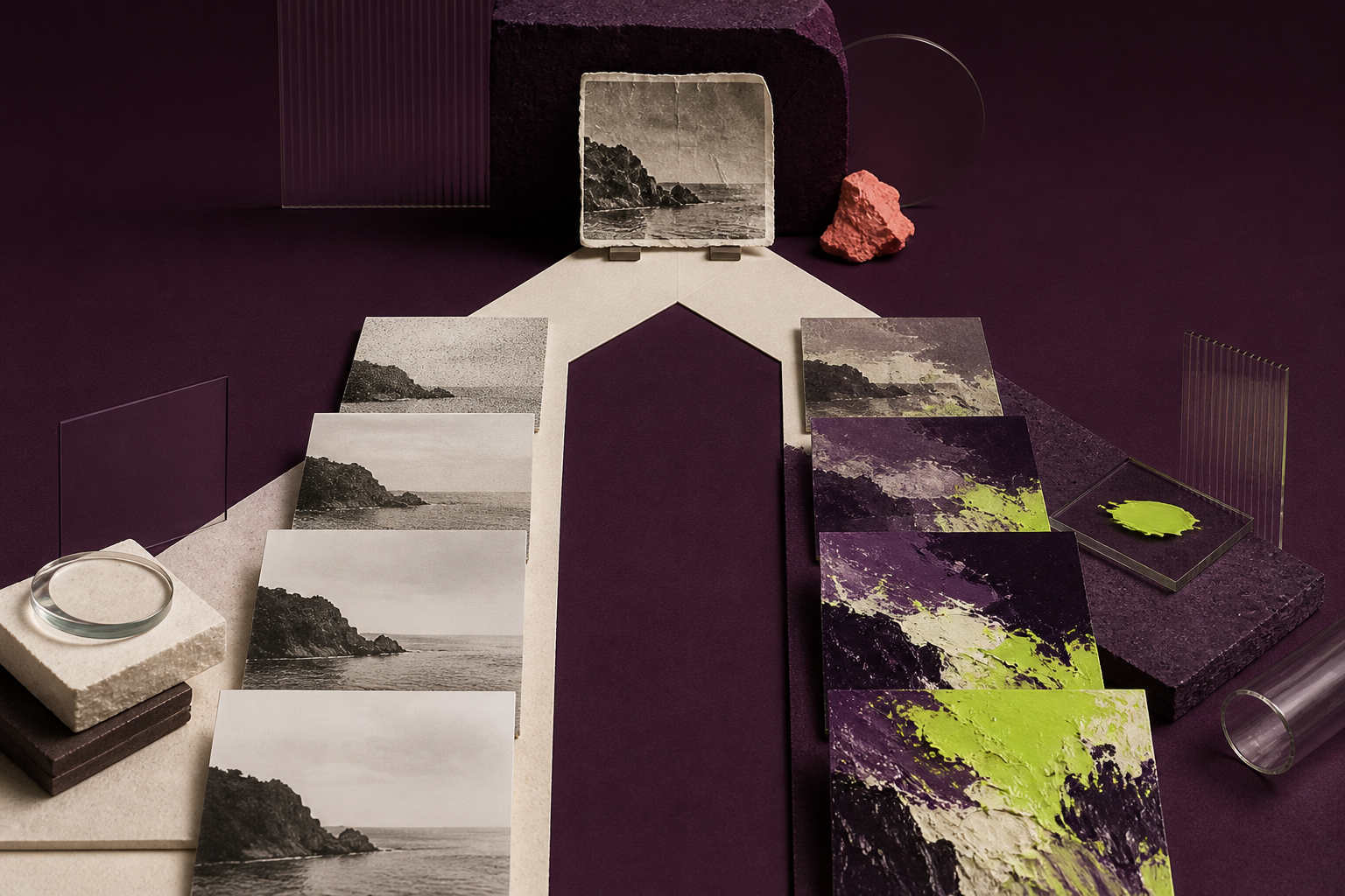 Split editorial scene contrasting faithful photographic repair with an imaginative reinterpretation