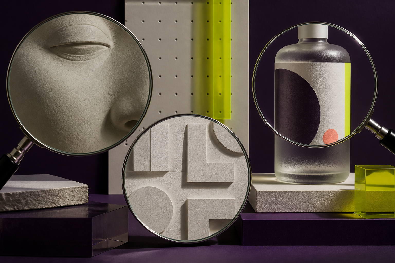 Three magnified review areas showing natural skin, readable text and precise product construction