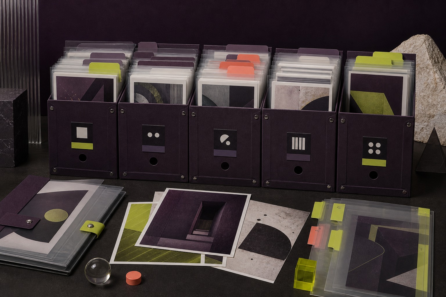 Organised editorial archive boxes and file cards arranged into a clear naming system