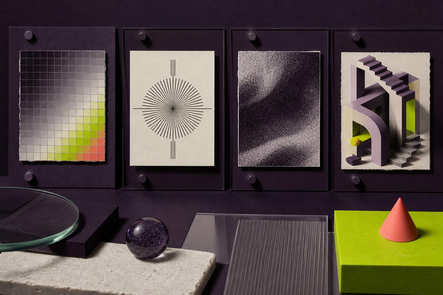 Editorial glossary cards explaining pixels, edge sharpness, image noise and invented detail