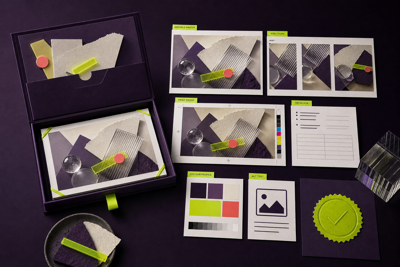 Structured asset handoff connecting approved images to design layouts and developer components