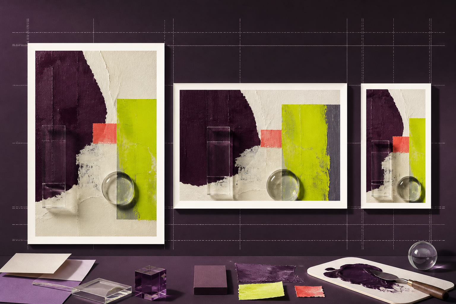 Editorial composition showing one image adapted to a print sheet, browser window and social frame