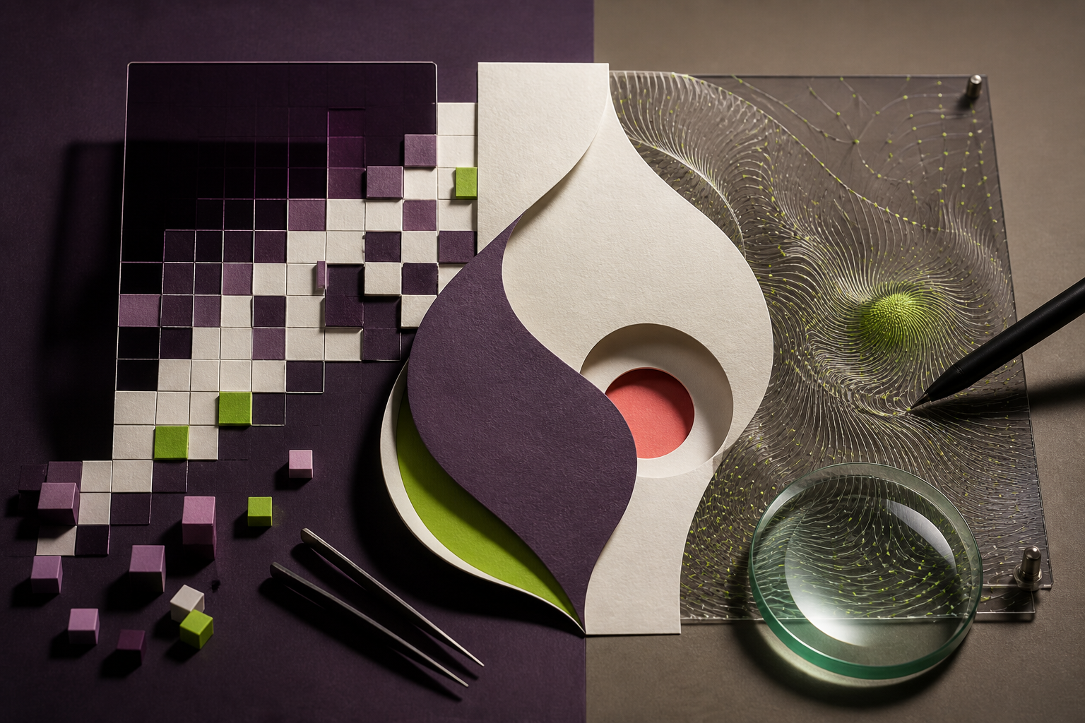 Three-part editorial comparison of pixels, vector curves and a generated visual field