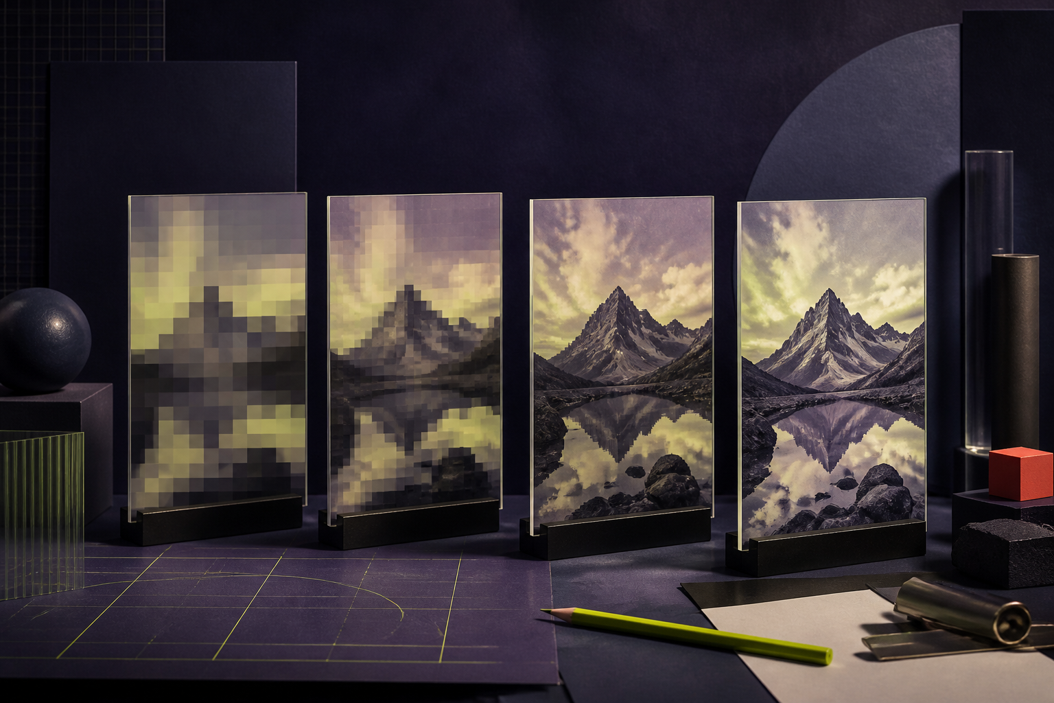 Four editorial mountain-image stages moving from coarse pixels to a clear final frame