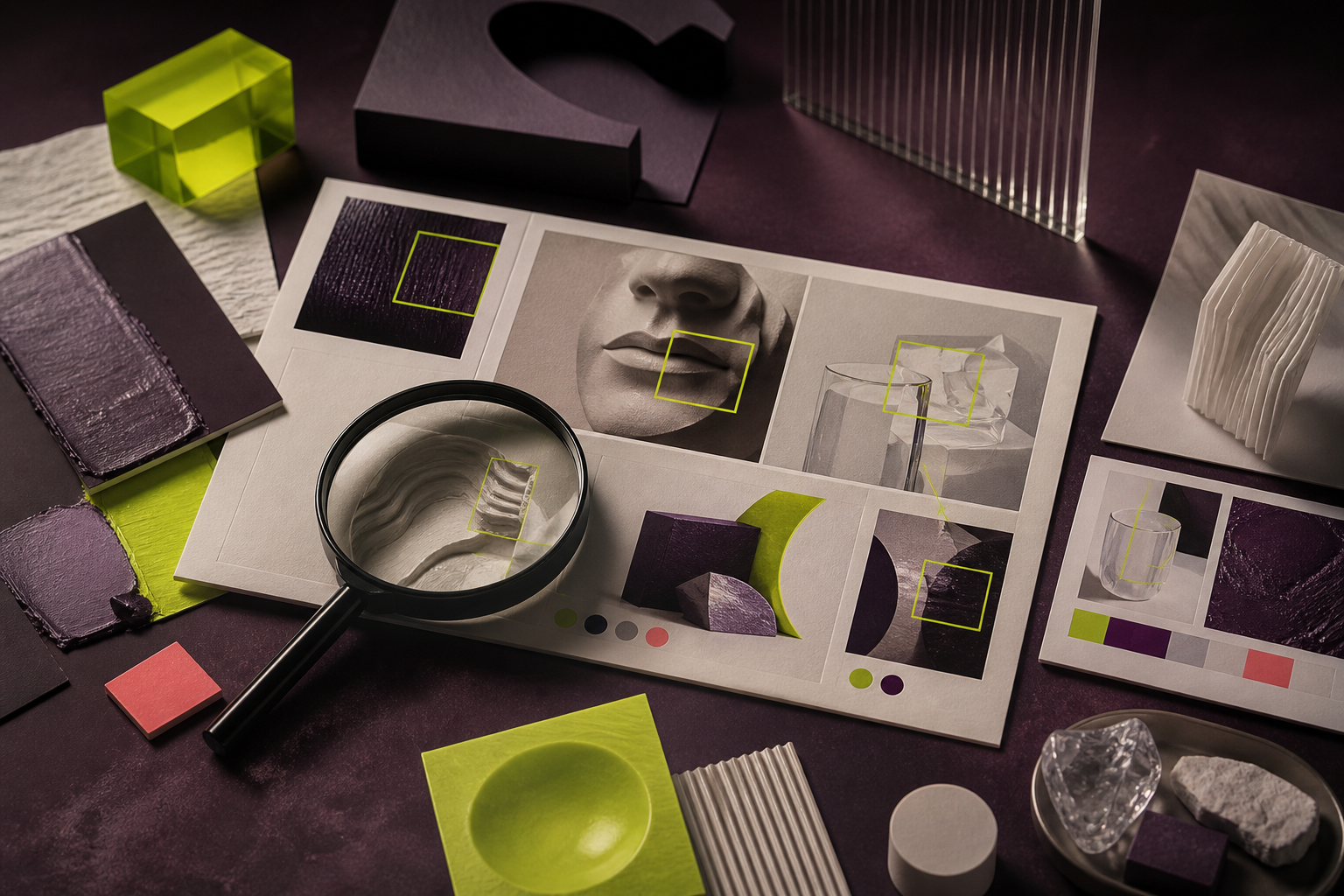 Editorial review desk with magnified image details, crop marks and approval notes